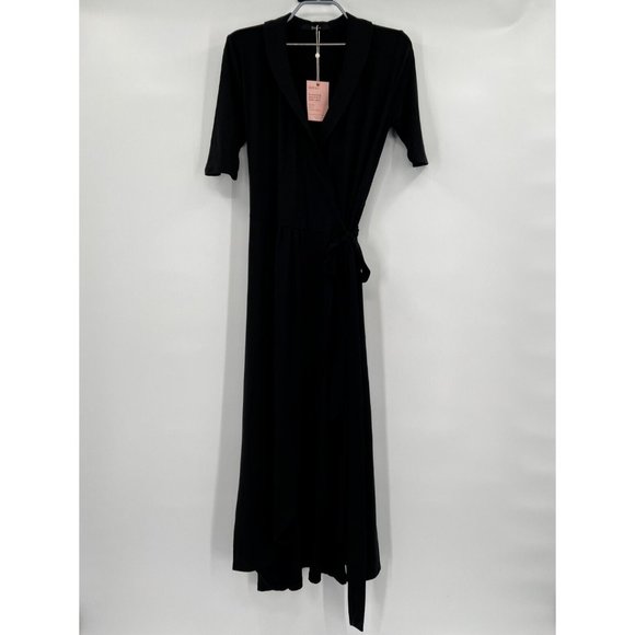 Quince Women’s Black Tencel Jersey True Wrap Dress Midi sz L NWT Short Sleeve - Picture 1 of 6